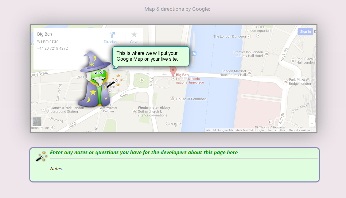 image of wizard caricature showing where an embedded map will appear on user's self-build website